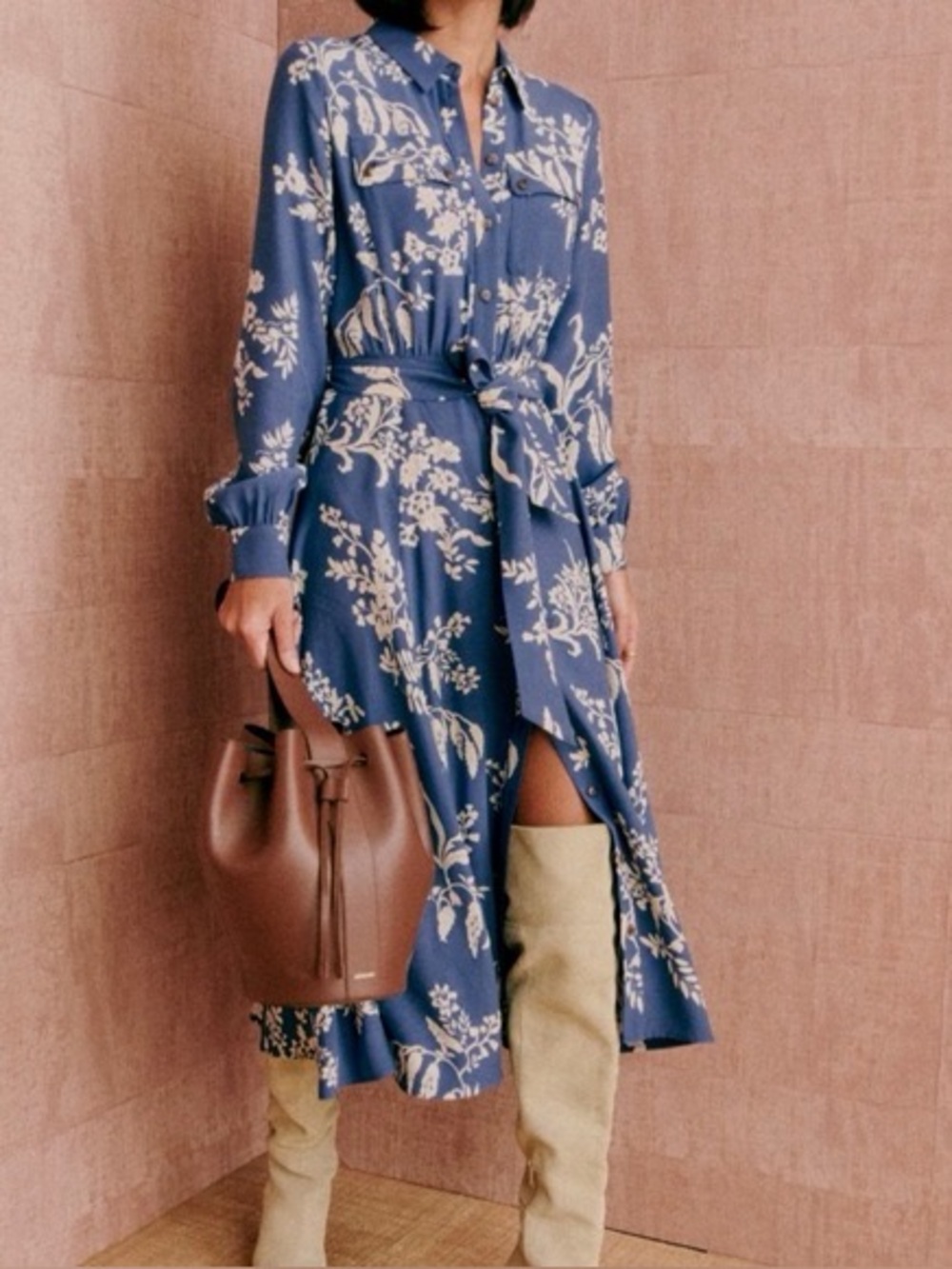 Sezane Lauretta Blue and White Floral Midi Dress, size 36 / US 4